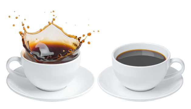 White 3d coffee cup. Americano splash and drops. Realistic render cute cups with plate or saucer. 