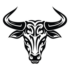Stylized bull head tattoo design featuring tribal patterns and bold lines perfect for branding and apparel graphics
