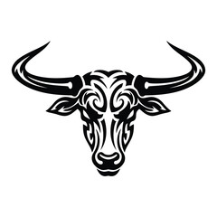 Tribal bull head design featuring intricate swirls and horns perfect for tattoo art and logo design