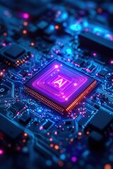 Close-up of a futuristic glowing blue and purple circuit board with a prominently lit microchip emitting bright neon lights symbolizing advanced technology