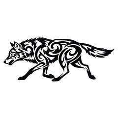 Tribal wolf design featuring intricate patterns and a running pose perfect for tattoo art and graphic design projects