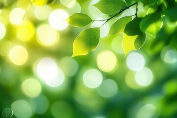 Obraz premium Close-up of bright green leaves with sunlight creating a soft bokeh effect in the background evoking a fresh and peaceful atmosphere