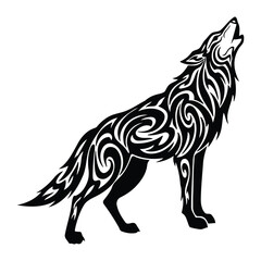 Tribal wolf howling at the moon design featuring swirling patterns perfect for tattoo art and graphic design projects