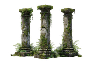Weathered stone columns overgrown with moss