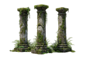 Weathered stone columns overgrown with moss