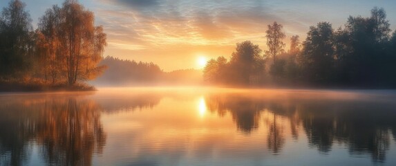Obraz premium Calm lake at sunrise with trees reflected in the water and a golden mist creating a peaceful and serene atmosphere