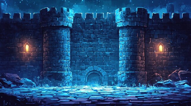 Ancient Stone Castle Gate Illuminated by Torchlight at Night