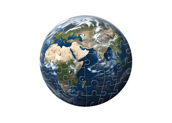 The earth is depicted as a jigsaw puzzle isolated on transparent background