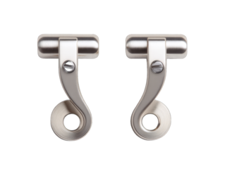 Two light beige/silver door handles, ornate, curved design, with mounting hardware