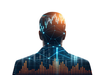 A mans silhouette with financial data overlay isolated on transparent background
