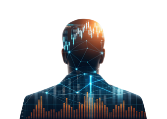 A mans silhouette with financial data overlay isolated on transparent background