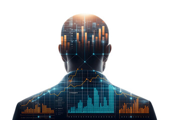 Financial charts overlay a mans silhouette isolated on transparent background