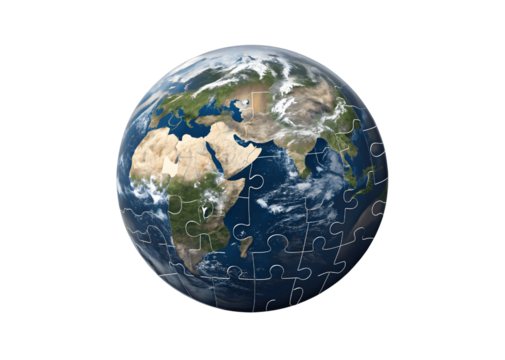 The earth is depicted as a jigsaw puzzle isolated on transparent background