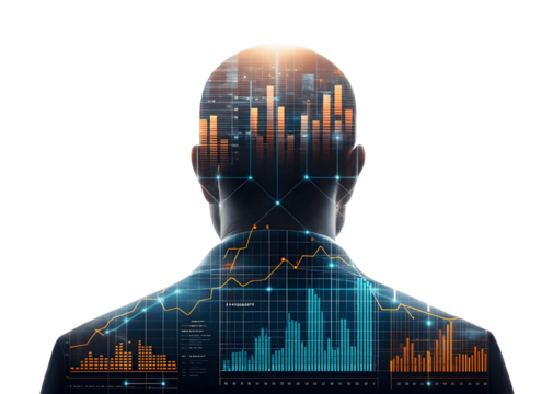 Financial charts overlay a mans silhouette isolated on transparent background