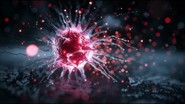 NK cell. Natural killer cell. Immunity. lymphocyte. Cytotoxic. Antibody. Perforin. Apoptosis. A vibrant, abstract depiction of a glowing red particle.