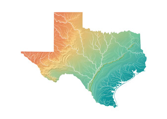A colorful topographic map of the state of texas isolated on transparent background