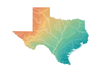 A colorful topographic map of the state of texas isolated on transparent background