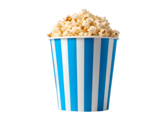 Bucket of popcorn with blue stripes isolated on transparent background