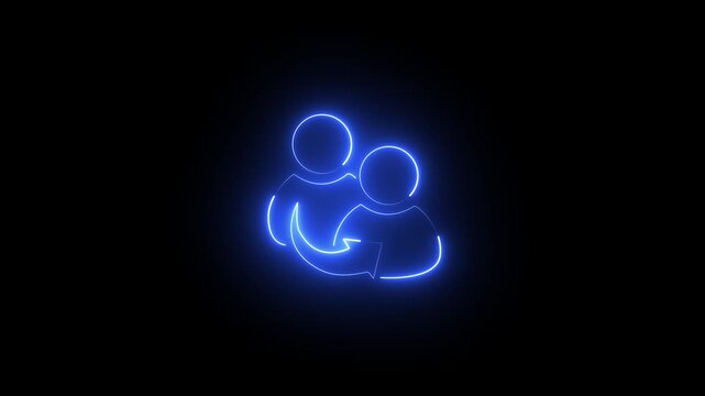 Neon glowing business referrals and reference icon, digital interaction and networking concept, 4k video on dark background, modern communication symbol