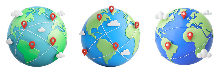 Fototapeta premium Set For globes with location pins isolated on transparent background