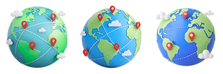 Set For globes with location pins isolated on transparent background