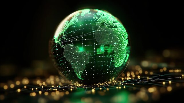 Glowing digital globe with green illuminated continents and interconnected network points on a dark background, symbolizing global connectivity and technology - Powered by Adobe