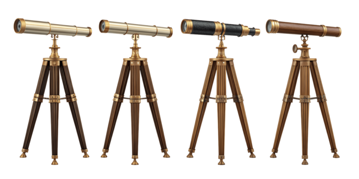 Set For vintage telescopes with tripods isolated on transparent background
