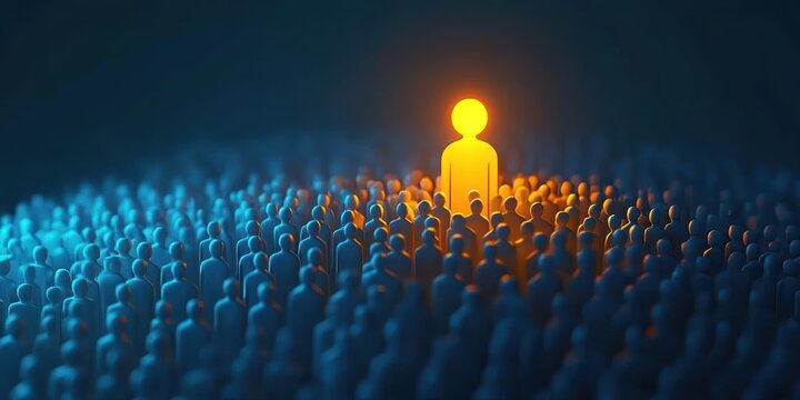 Crowd of blue human figures surrounding a single glowing orange figure radiating light, symbolizing leadership, individuality, and standing out in darkness
