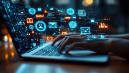 Hands typing on a laptop keyboard with glowing blue and orange digital icons and data visualizations floating above, symbolizing communication and technology