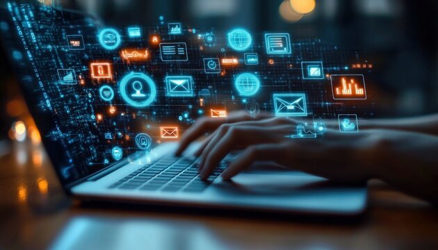Hands typing on a laptop keyboard with glowing blue and orange digital icons and data visualizations floating above, symbolizing communication and technology