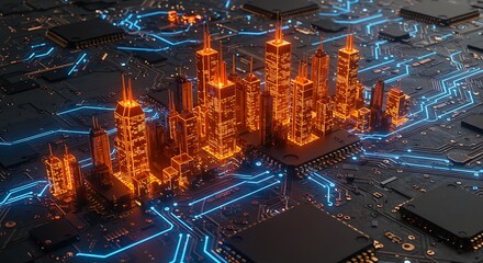 Illuminated city model on a circuit board.