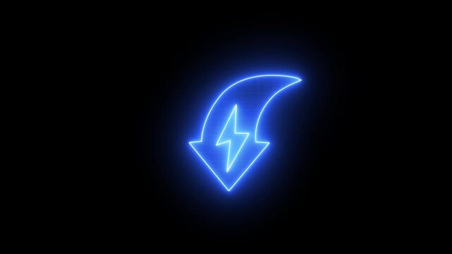 Glowing neon energy symbol with downward arrow, decrease in energy and reduction of power, stress and tension concept, 4k video on black background