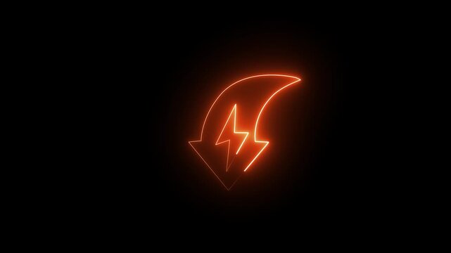 Glowing neon arrow pointing downward, energy loss and reduction concept, stress decline and power drop symbol, 4k video on black background
