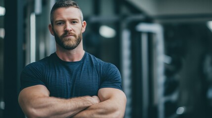 Bearded man with arms crossed in a gym