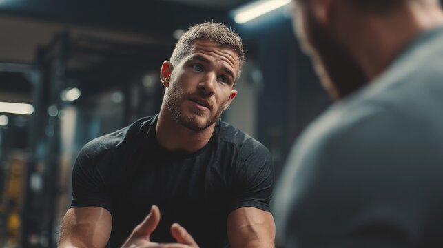 Fit man talking in a gym - Powered by Adobe
