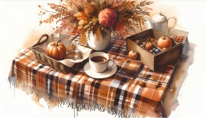 Autumn table decoration, watercolor painting