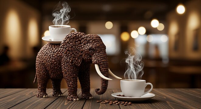 A coffee bean elephant sculpture stands on a wooden table with a steaming cup on its back and another cup beside it, set against a blurred cafe backdrop, blending art and coffee