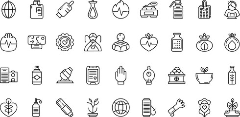 Medical, health, and wellness icon set featuring medicine, plants, nutrition, healthcare, and lifestyle symbols for hospital, clinic, and wellness design