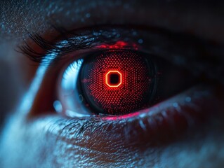 Close-up of a human eye reflecting a glowing red hexagonal digital pattern with futuristic and technological vibe