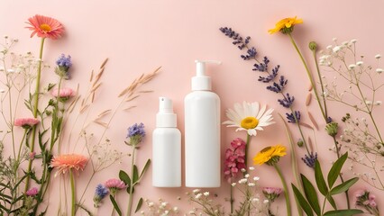Natural Skincare Bottles with Wildflowers on Pink Background