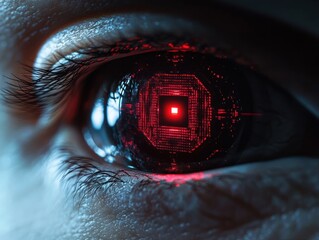 Close-up of a human eye with a glowing red digital circuit pattern reflected on the iris, evoking a futuristic and high-tech atmosphere
