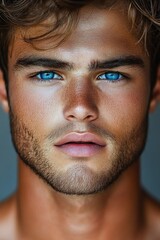 Fototapeta premium Close-up portrait of a young man with striking blue eyes, tousled light brown hair, light stubble, and smooth skin, conveying intensity and calm confidence