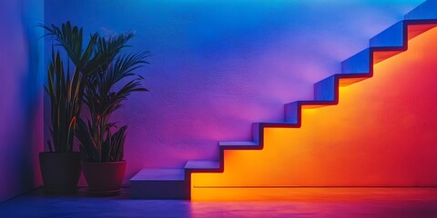 Modern Stairs with Neon Lighting and Plants