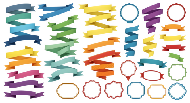 Collection of colorful ribbons and frames on black    .ai generative, transparent background, white background. isolated on white background, png, jpeg, jpg.