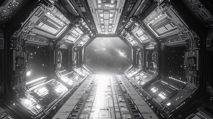 Fototapeta premium Futuristic Spaceship Corridor Leading to the Galaxy Stars