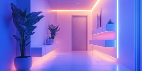 Modern Hallway Interior with Neon Lighting and Plants