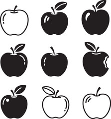 Black and white vector set of apple icons featuring whole apples, bitten apples, and outlined designs in a simple and clean style.