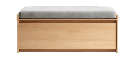 Light-wood storage bench with gray seat