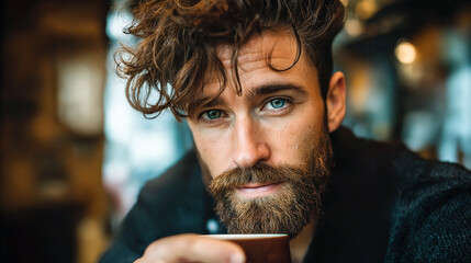 portrait of a handsome young man with a cup of coffee