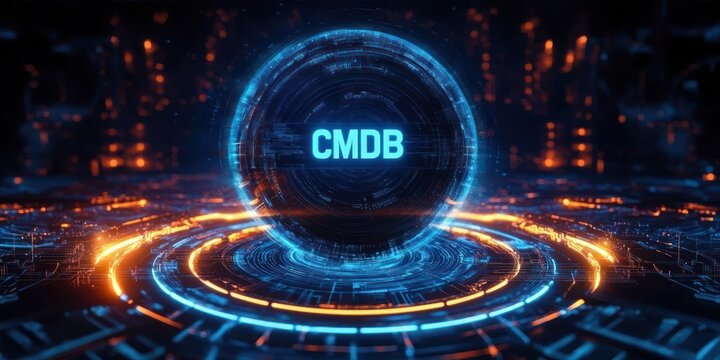 Futuristic glowing blue and orange digital sphere with text CMDB surrounded by radial circuit-like design elements on dark background